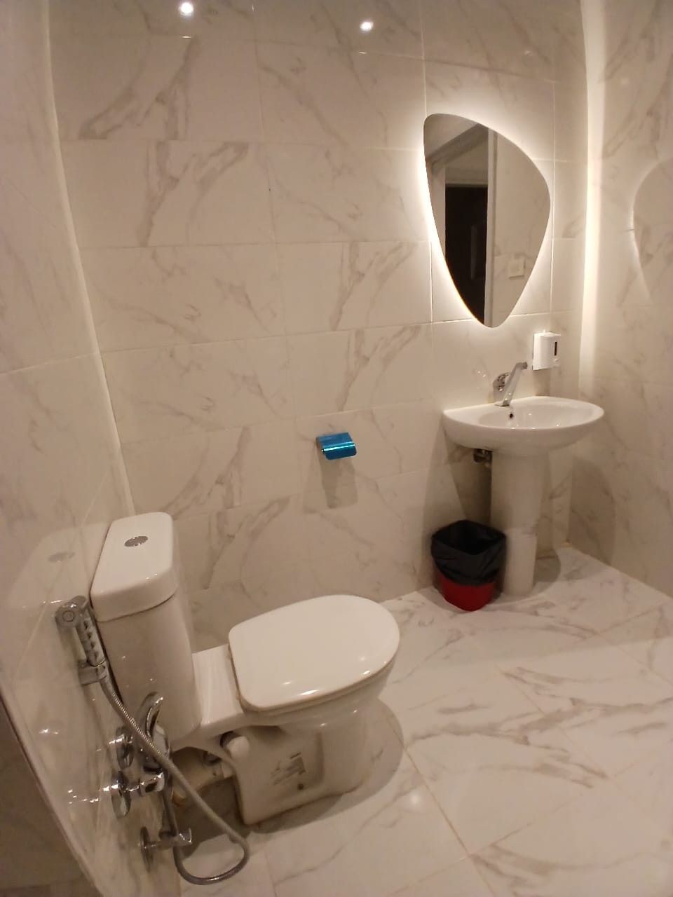 Bathroom — marble tile, toilet and pedestal sink